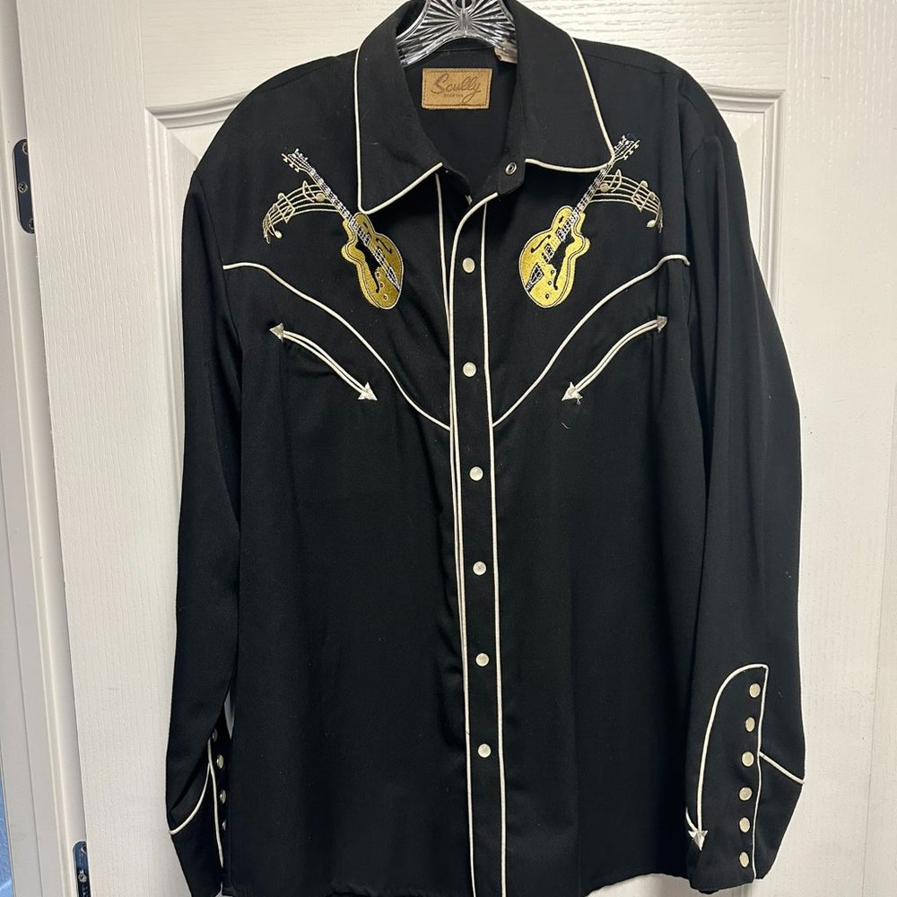 Scully Pearl Snap Embroidered Cadillac and Guitars Western Shirt size L